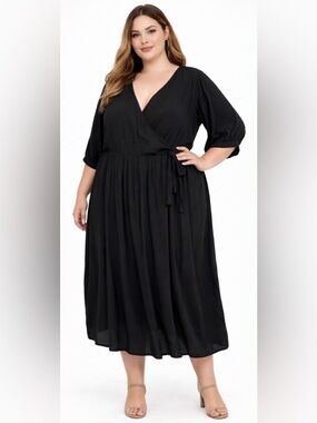 Vermont Country Store Black Faux Wrap Dress Midi Flowy Minimalist Plus Size 3X